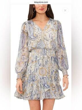 Vince Camuto Women’s Paisley Print Ruffle Hem Smocked Waist Long Sleeve Mini L